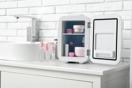 Sink, cosmetic refrigerator with bottles and jars of cosmetic products near white brick wallの写真素材