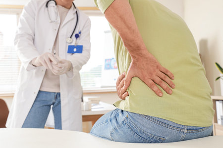 Ill mature man visiting urologist in clinic, back view