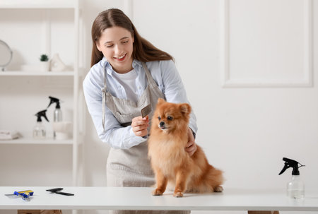 Female groomer brushing cute Pomeranian dog in salonの写真素材