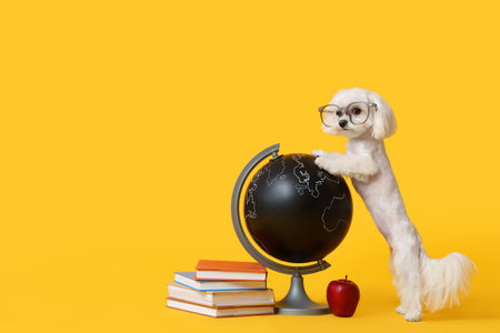 Cute Maltese dog in eyeglasses with globe, apple and stack of books on yellow background