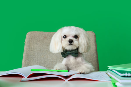 Cute Maltese dog sitting by table with different school stationery on green backgroundの写真素材