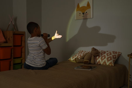 Little boy with flashlight playing shadow in dark bedroom, back viewの写真素材