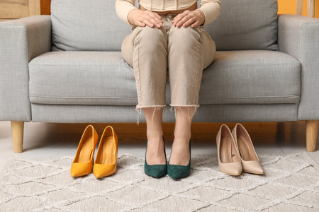 Young woman trying on new green high heeled shoes at homeの写真素材
