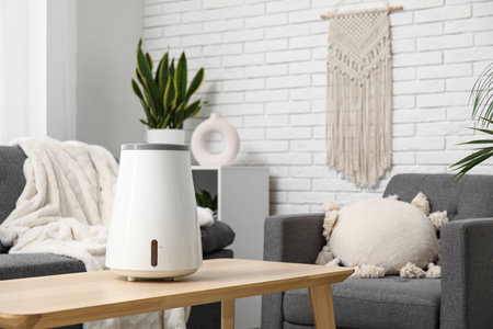 Modern humidifier on coffee table near black sofa in living roomの写真素材