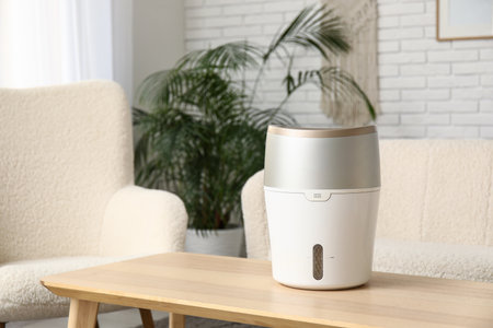 Modern humidifier on coffee table near white sofa in stylish living room, closeupの写真素材