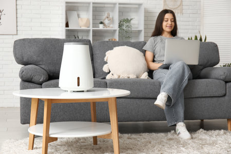 Young woman sitting on sofa and using laptop near modern humidifier on coffee table in living roomの写真素材