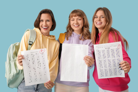 Happy female students with results of exam on blue backgroundの写真素材