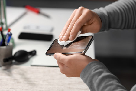 Male technician wiping mobile phone in service center, closeupの写真素材