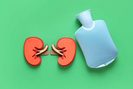 Paper kidneys with hot water bottle on green backgroundの写真素材