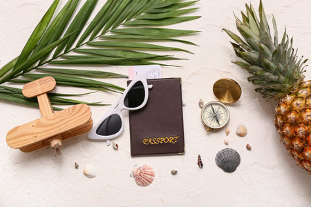 Composition with passport, sunglasses, pineapple and palm leaf on light backgroundの写真素材