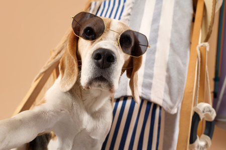 Cute Beagle dog sitting on deck chair in sunglasses with beach accessories on beige backgroundの写真素材