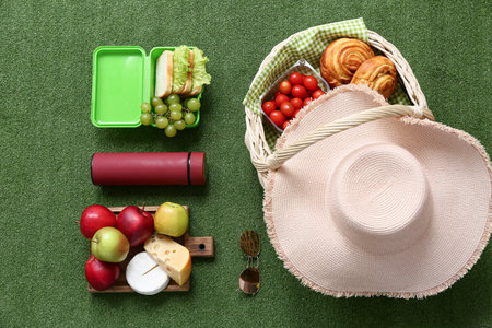 Wicker picnic basket with tasty food, stylish hat and thermos on green grass backgroundの写真素材