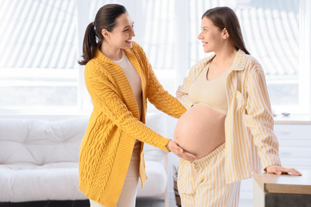 Doula touching belly of young pregnant woman at homeの写真素材