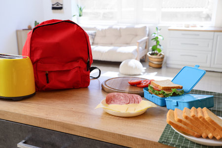Lunchbox with tasty sandwich and schoolbag on table in kitchenの写真素材