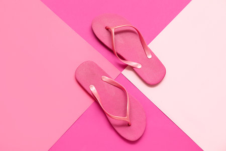 Pink flip flops on color backgroundの写真素材