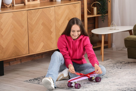 Happy young woman with gift skateboard sitting at home