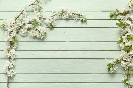 Beautiful blossoming branches on green wooden backgroundの写真素材