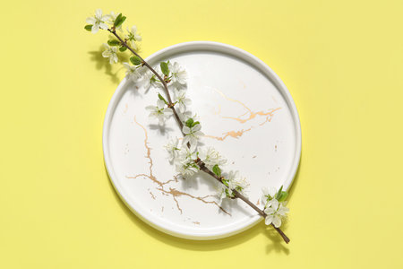 Beautiful plate with blossoming branch on yellow backgroundの写真素材