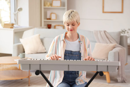 Young woman with short hair playing synthesizer at homeの写真素材