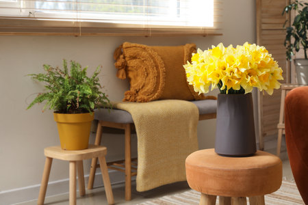 Cozy sofa with plaid and narcissus flowers in interior of living roomの写真素材