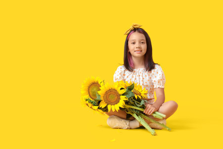 Cute little Asian girl with beautiful sunflowers sitting on yellow backgroundの写真素材