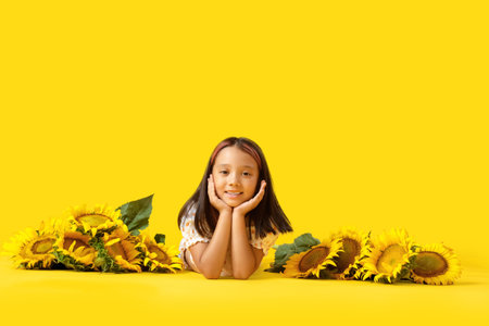 Cute little Asian girl with beautiful sunflowers lying on yellow backgroundの写真素材