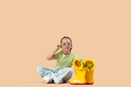 Cute little Asian girl with beautiful sunflowers in rubber rain boots sitting on brown backgroundの写真素材