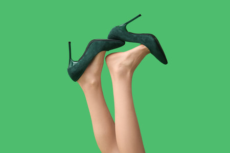 Legs of young woman in stylish green high heels on color backgroundの写真素材