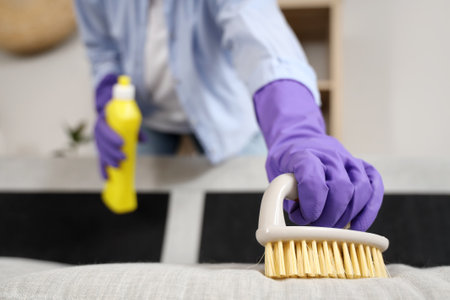 Woman with brush and detergent cleaning sofa at home, closeupの写真素材