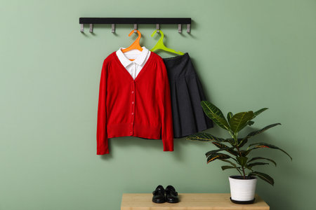 Wooden table with shoes, houseplant and stylish school uniform hanging on color wallの写真素材