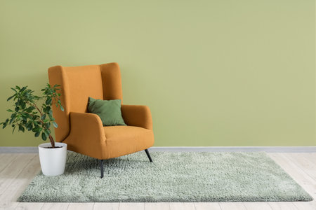 Interior of living room with green carpet, armchair and plantの写真素材