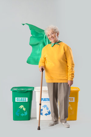Senior woman in superhero cape with stick and garbage bins on light background. Waste sorting conceptの写真素材