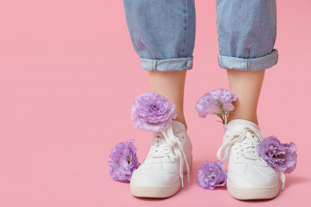 Legs of young woman in sneakers with lilac eustoma flowers on pink backgroundの写真素材