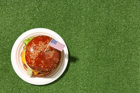 Tasty burger with flag of USA on green grass background. American Independence Day celebrationの写真素材