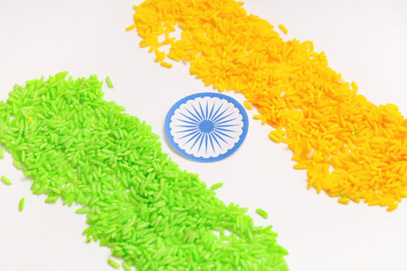 Flag of India made from colorful rice on white background. Indian Independence Dayの写真素材