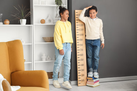 Little African-American girl and her brother on books measuring height near stadiometer at home