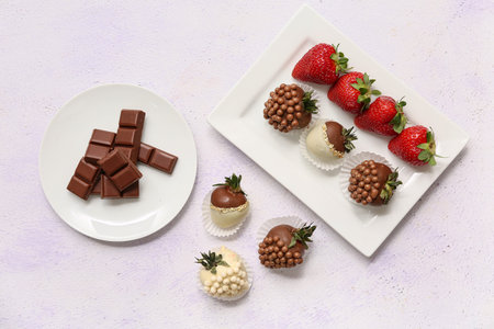 Plate with chocolate covered strawberries and fresh berries on white background