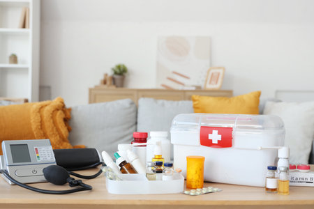 Home first aid kit with medications on table in roomの写真素材