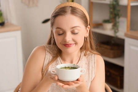 Young woman with tasty okroshka in kitchen, closeupの写真素材