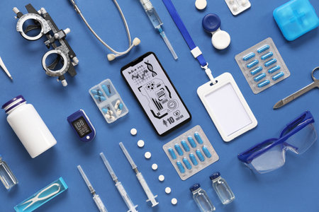 Mobile phone and medical supplies on blue background. Telemedicine conceptの写真素材