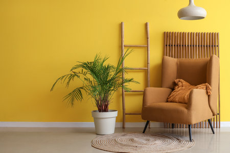 Interior of living room with wooden ladder, armchair and palm treeの写真素材