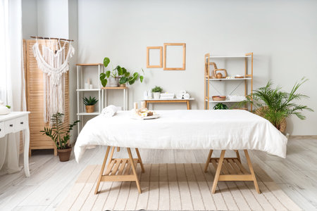 Interior of light spa salon with massage couch, shelf units and plantsの写真素材