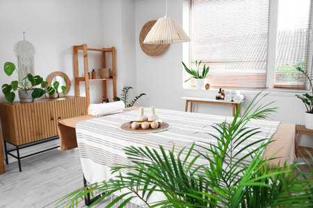 Interior of light spa salon with massage table, shelf unit and plantsの写真素材