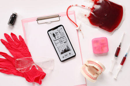 Mobile phone and medical supplies on white background. Telemedicine conceptの写真素材