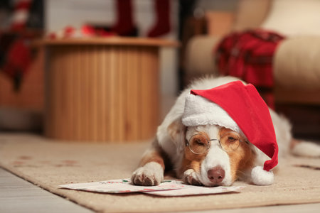Cute Australian Shepherd dog with letters to Santa lying at home on Christmas Eve, closeupの写真素材