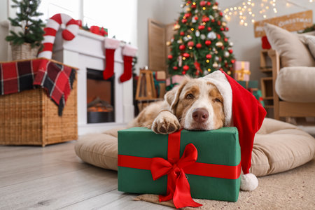 Australian Shepherd dog in Santa hat with gift box lying at home on Christmas Eveの写真素材