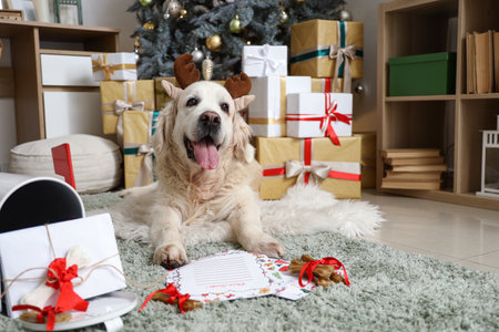 Cute Labrador dog in reindeer horns with letters to Santa and mailbox at home on Christmas Eveの写真素材