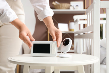 Woman with baby monitor on table in children's bedroom, closeupの写真素材