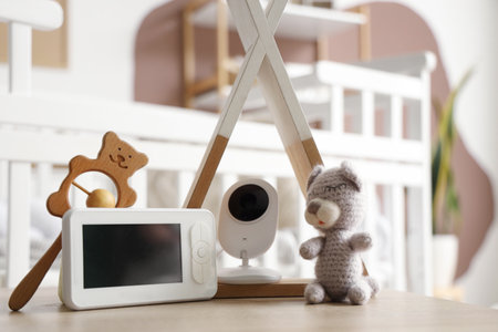 Baby monitor with toys on table in children's bedroom, closeupの写真素材