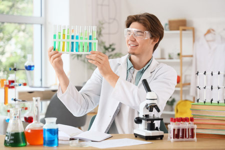 Male student in lab coat with test tubes at homeの写真素材